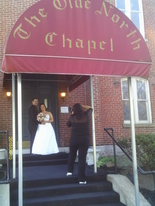 On the steps of Richmond Indiana wedding chapel, The Olde North Chapel