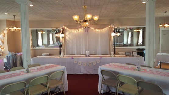 The Olde North Wedding Chapel's Banquet Room, Richmond, Indiana.  Decorated for a Summer wedding.  Lemonade and Barbeque